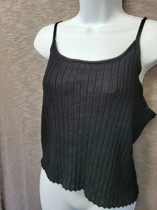 VTG Y2K Tank Top Black Eyelet Womens Jrs XL Cropped Fairy Grunge Gothic Stretch - Picture 14 of 15